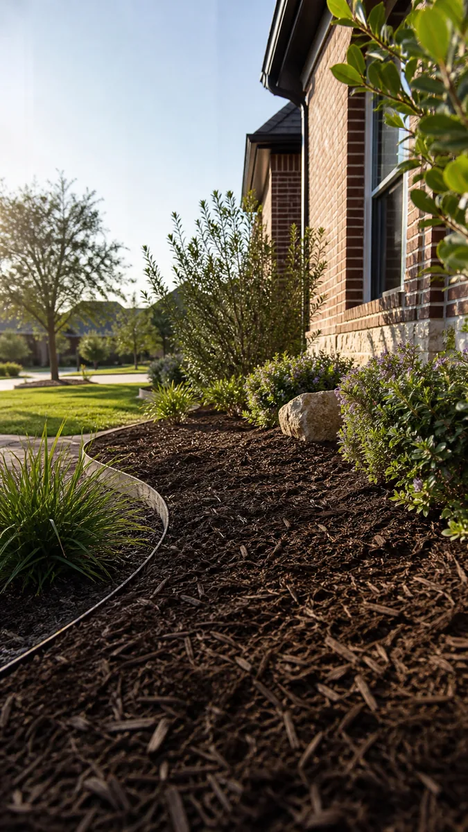 Fresh mulch around a landscaped home